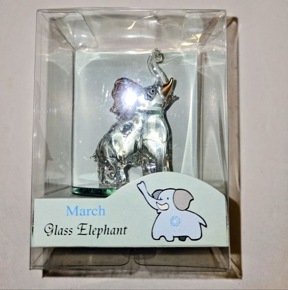Interiors By Design Birthstone Glass Elephant Figurine March NEW